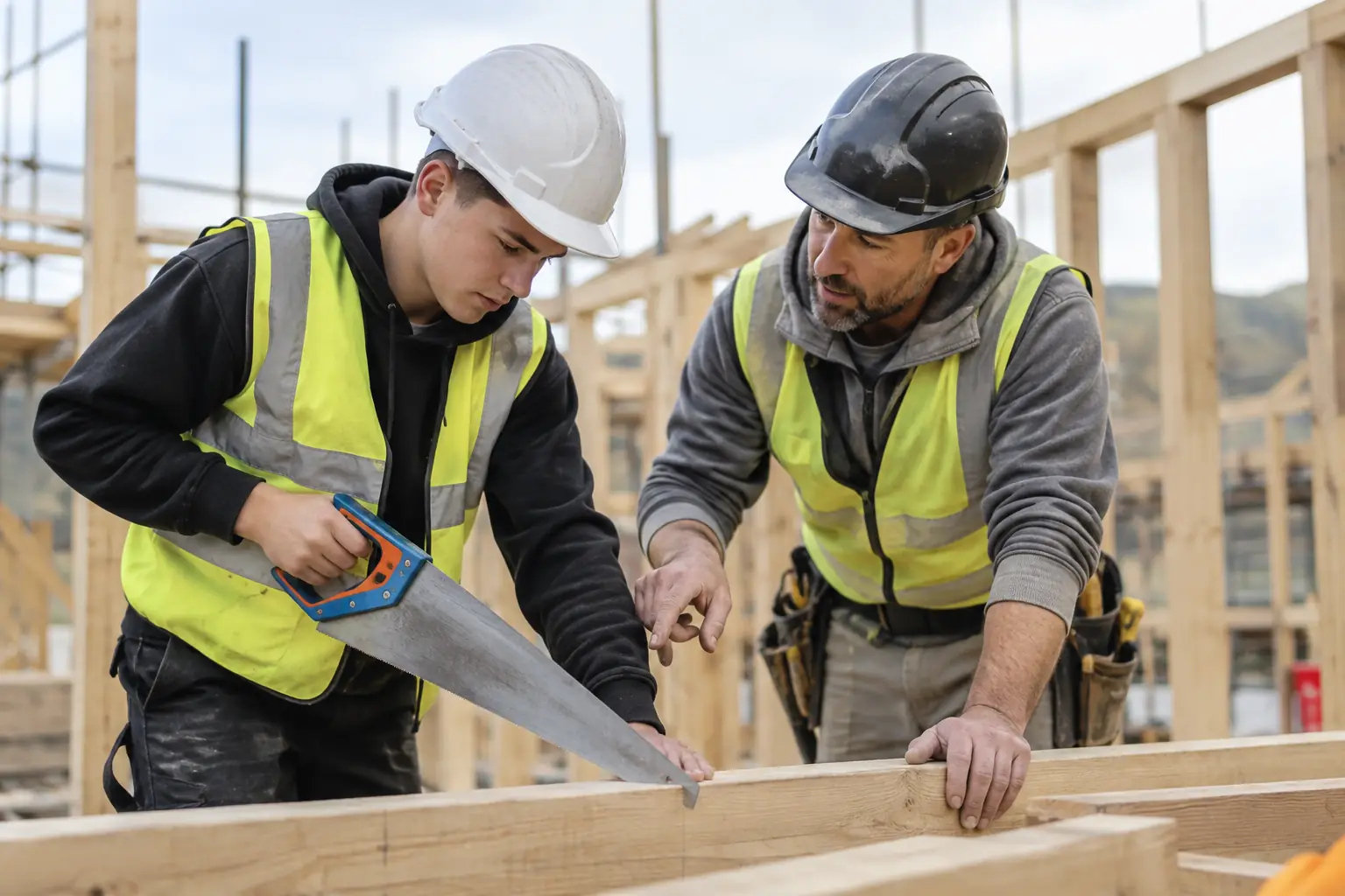 Apprenti découvrant les gestes de base sur un chantier