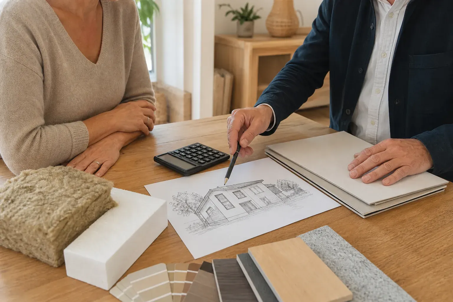 Propriétaire et conseiller étudiant un budget de rénovation avec des matériaux