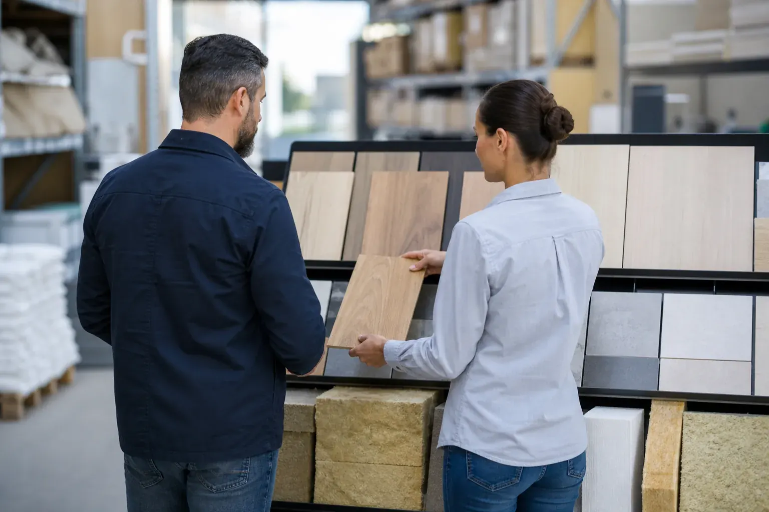 Client et conseillère comparant des échantillons de matériaux dans un dépôt