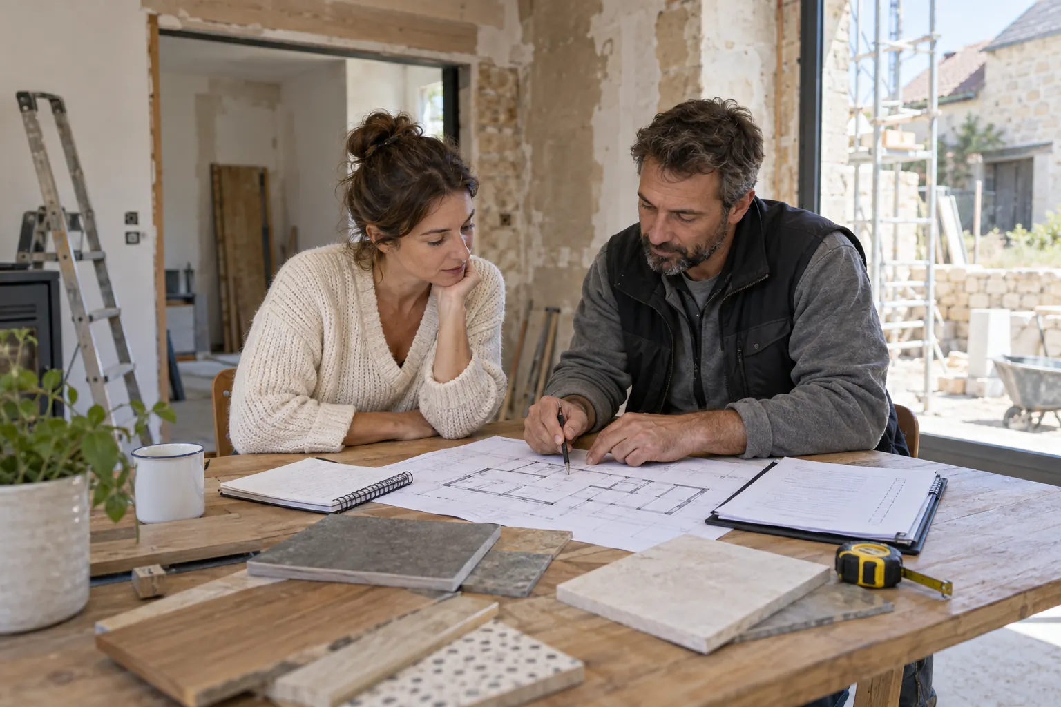 Propriétaire et professionnel examinant un plan et des matériaux dans une maison en rénovation