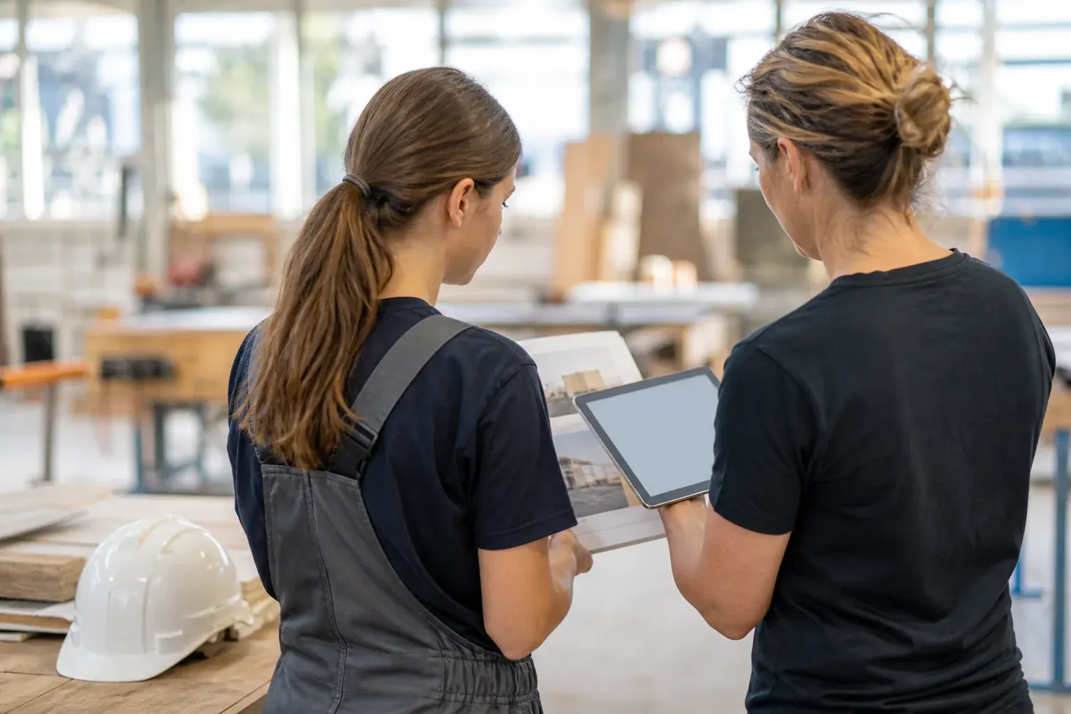 Deux professionnelles préparant un projet dans un atelier du bâtiment