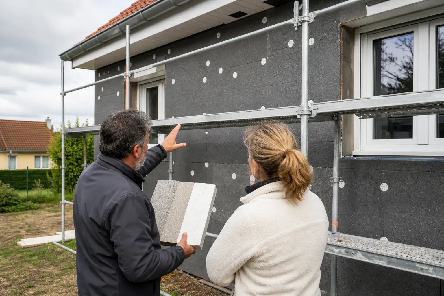 Visite d’une maison pendant la pose d’une isolation extérieure