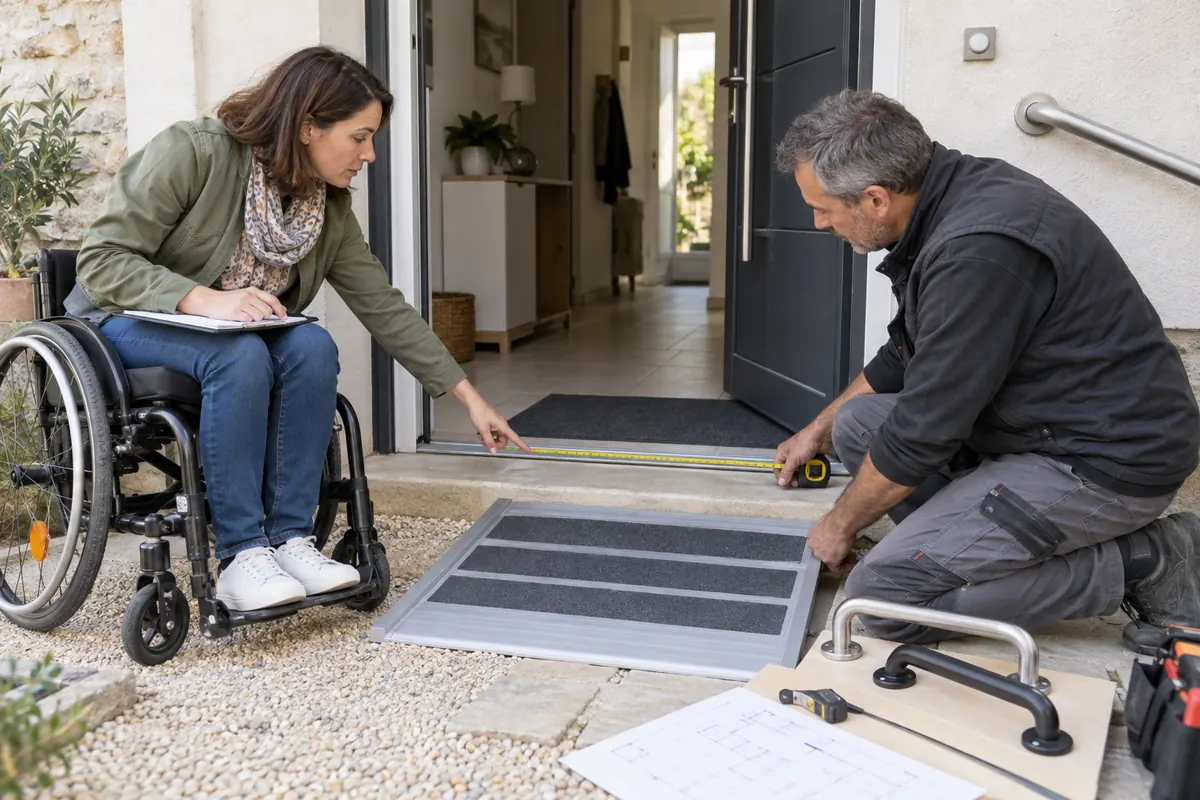 Occupante et professionnel mesurant un seuil pour améliorer l’accessibilité du logement