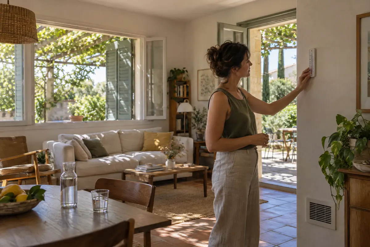Habitante vérifiant la température d’une pièce protégée du soleil par des volets et une pergola