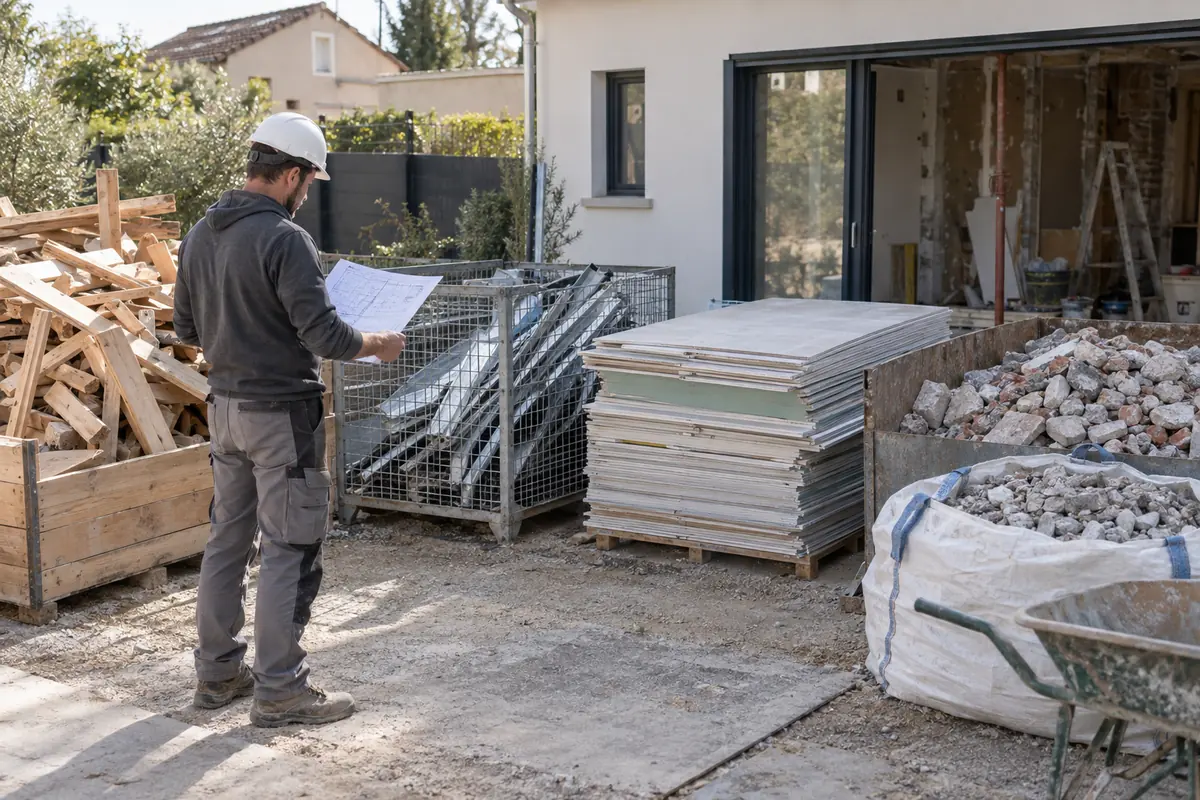 Bois, métal, plaques et gravats séparés sur un chantier de rénovation résidentielle