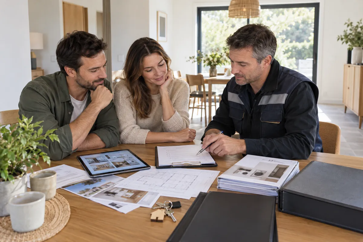 Propriétaires et responsable de chantier classant les documents et photographies de fin de travaux