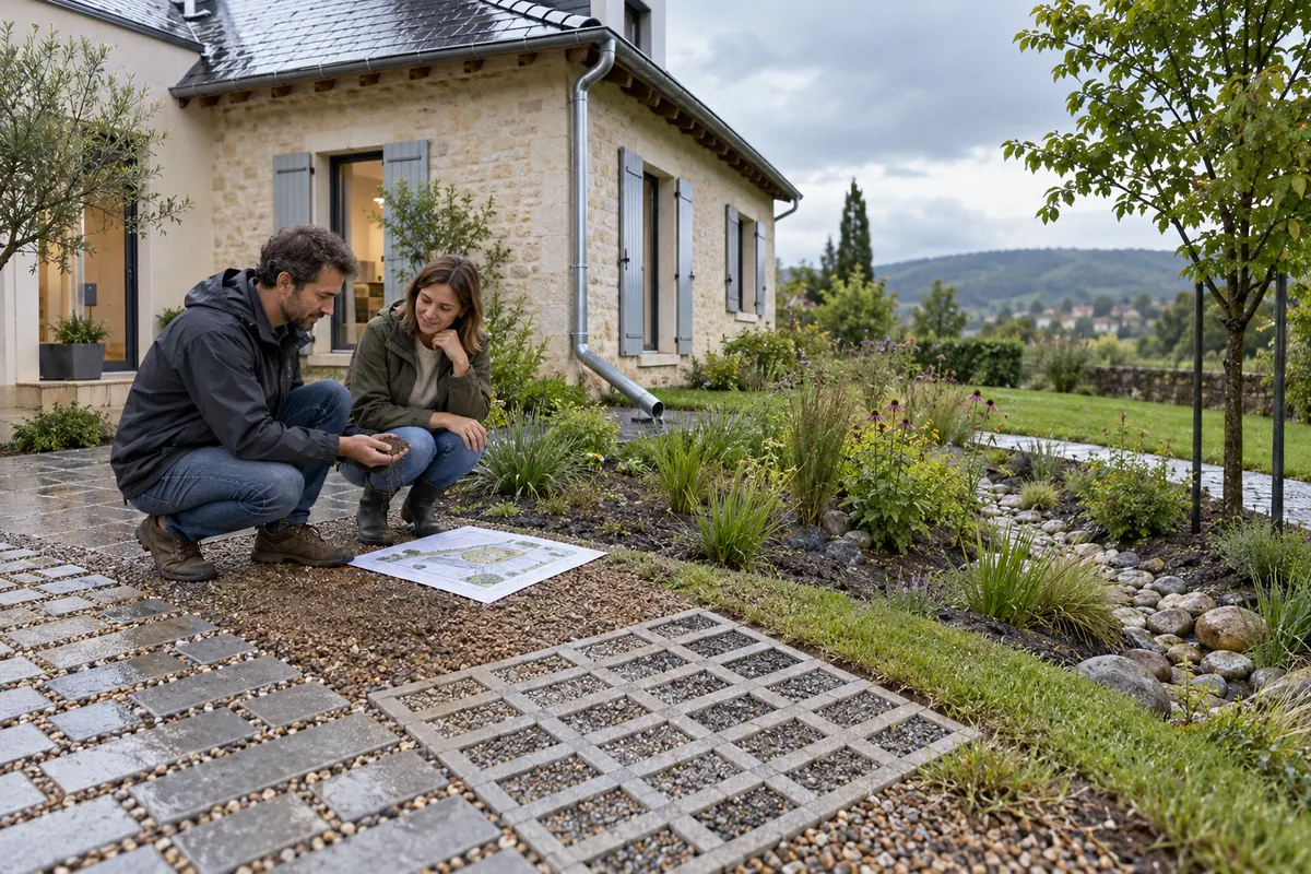 Concepteur et propriétaire étudiant un jardin de pluie et des revêtements perméables autour d’une maison
