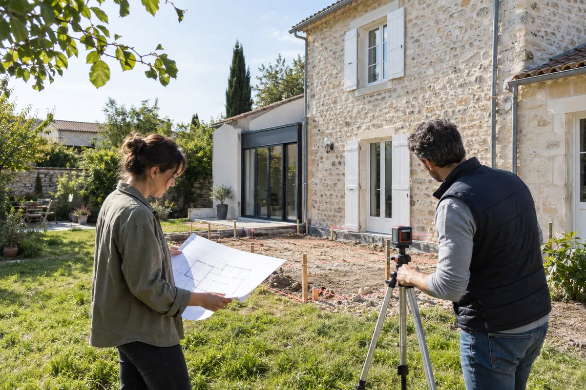 Architecte et ingénieur effectuant un relevé avant une extension de maison en pierre