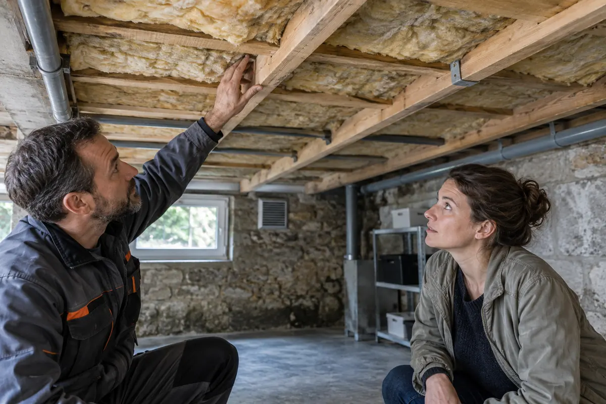 Professionnel examinant avec une propriétaire le dessous d’un plancher au-dessus d’une cave