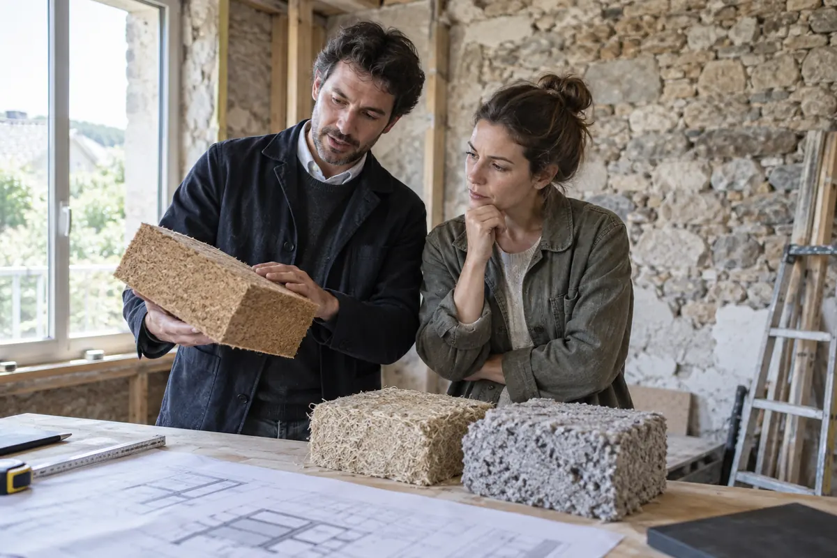 Architecte et propriétaire comparant des échantillons d’isolants biosourcés devant un mur ancien