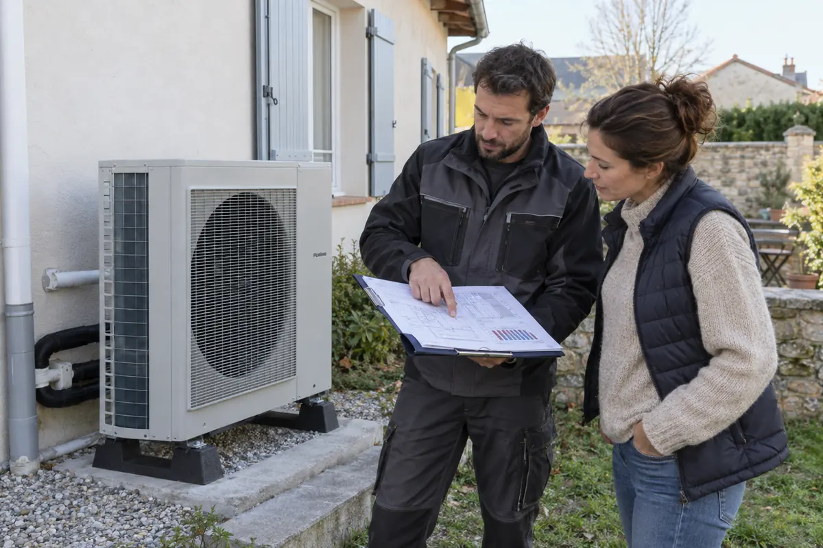 Technicien et propriétaire examinant le dimensionnement d’une pompe à chaleur devant une maison