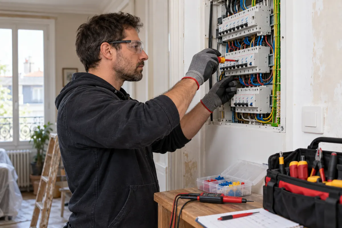 Électricien rénovant le tableau et les circuits d’un appartement ancien