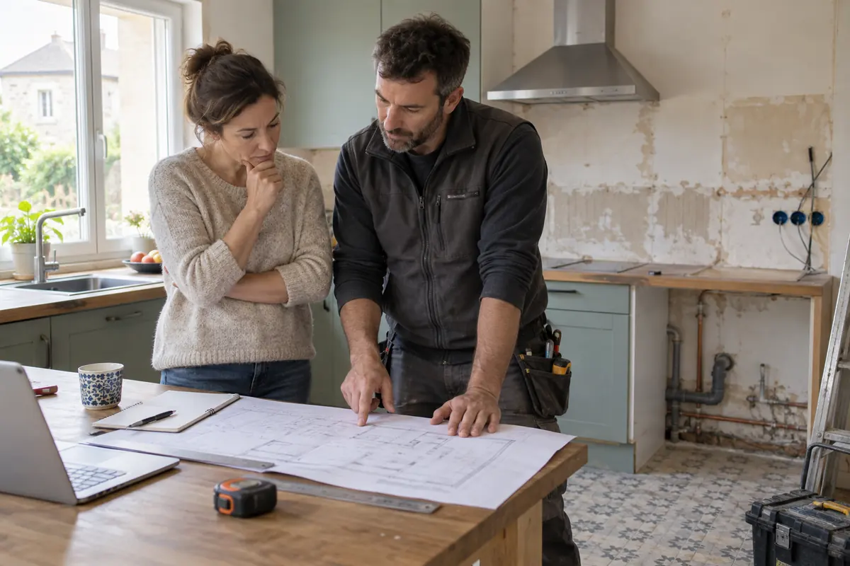 Propriétaire et artisan étudiant les plans et réseaux d’une cuisine en rénovation