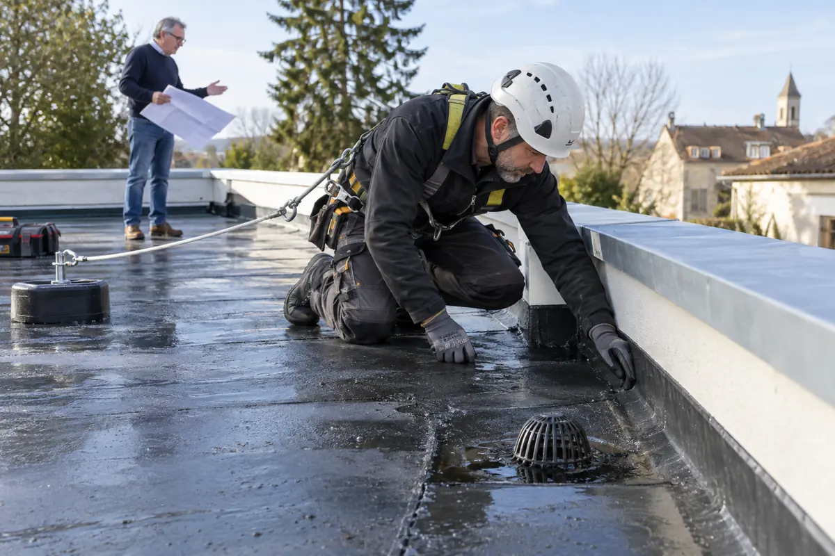 Étancheur contrôlant les relevés et une évacuation d’eau sur une toiture-terrasse