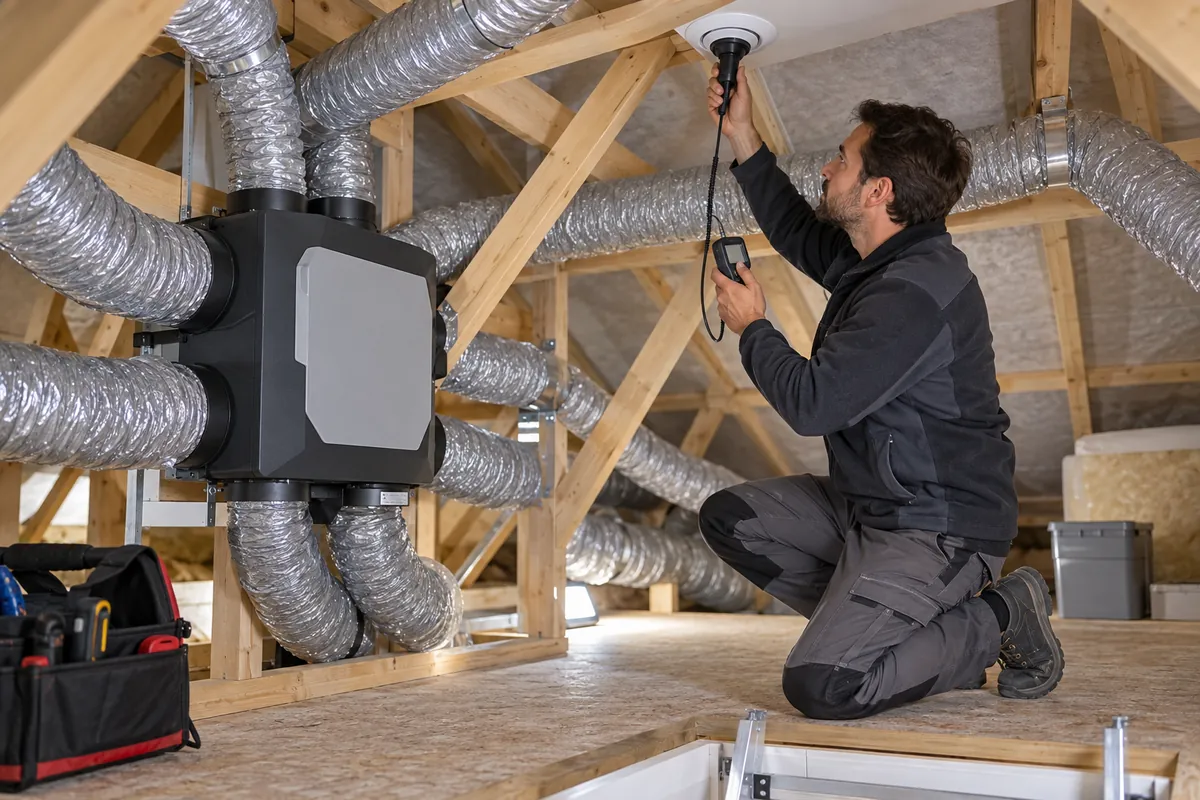Technicien mesurant le débit d’une ventilation mécanique dans les combles d’une maison rénovée