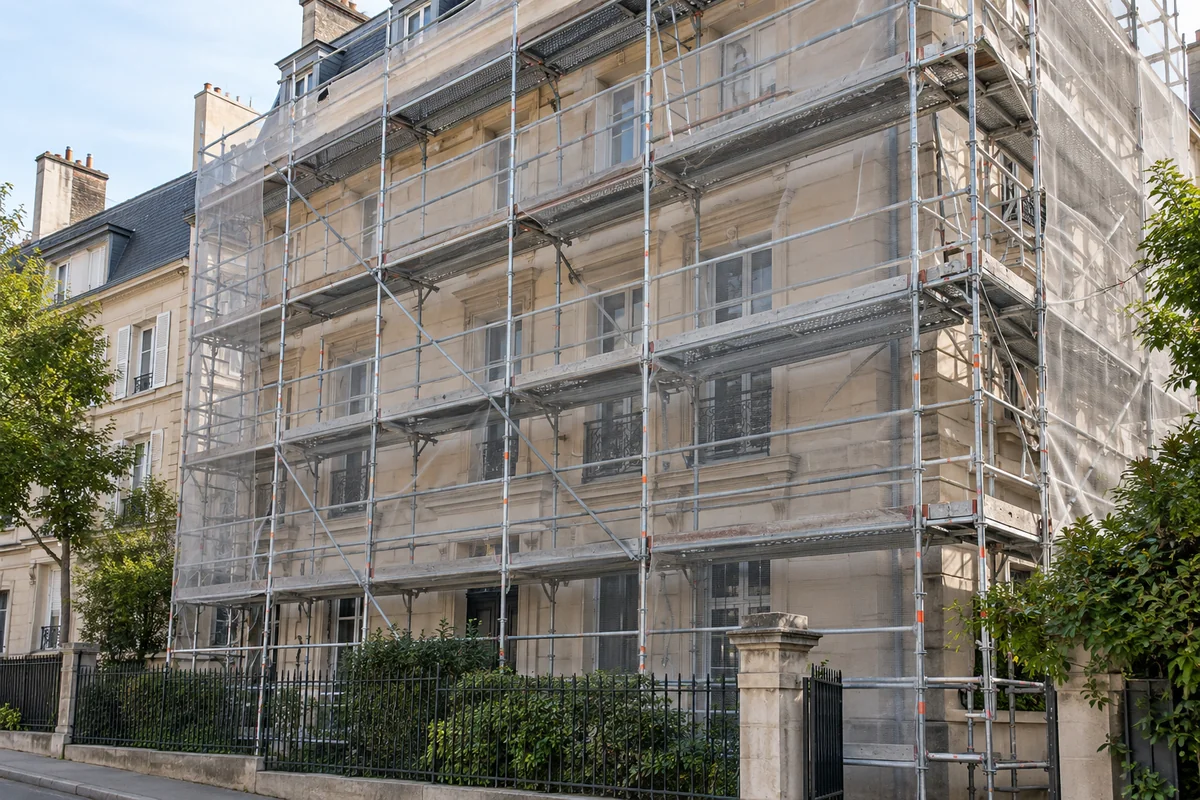 Façade d’un immeuble entourée d’un échafaudage avec plateformes et protections — illustration