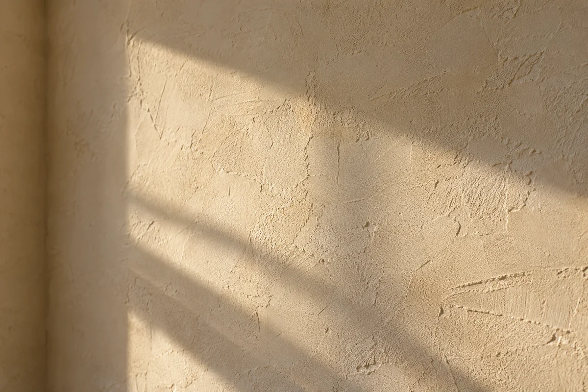 Relief d’un enduit mural beige mis en évidence par une lumière latérale — illustration