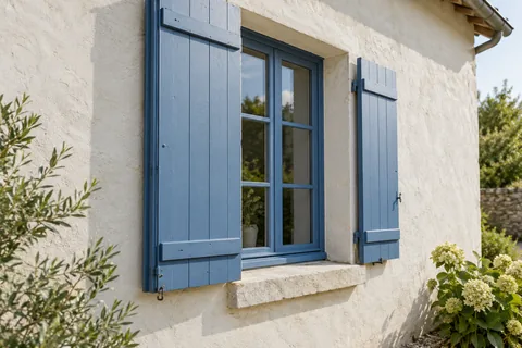 Fenêtre avec volets bleus, appui et tableaux dans une façade enduite claire — illustration