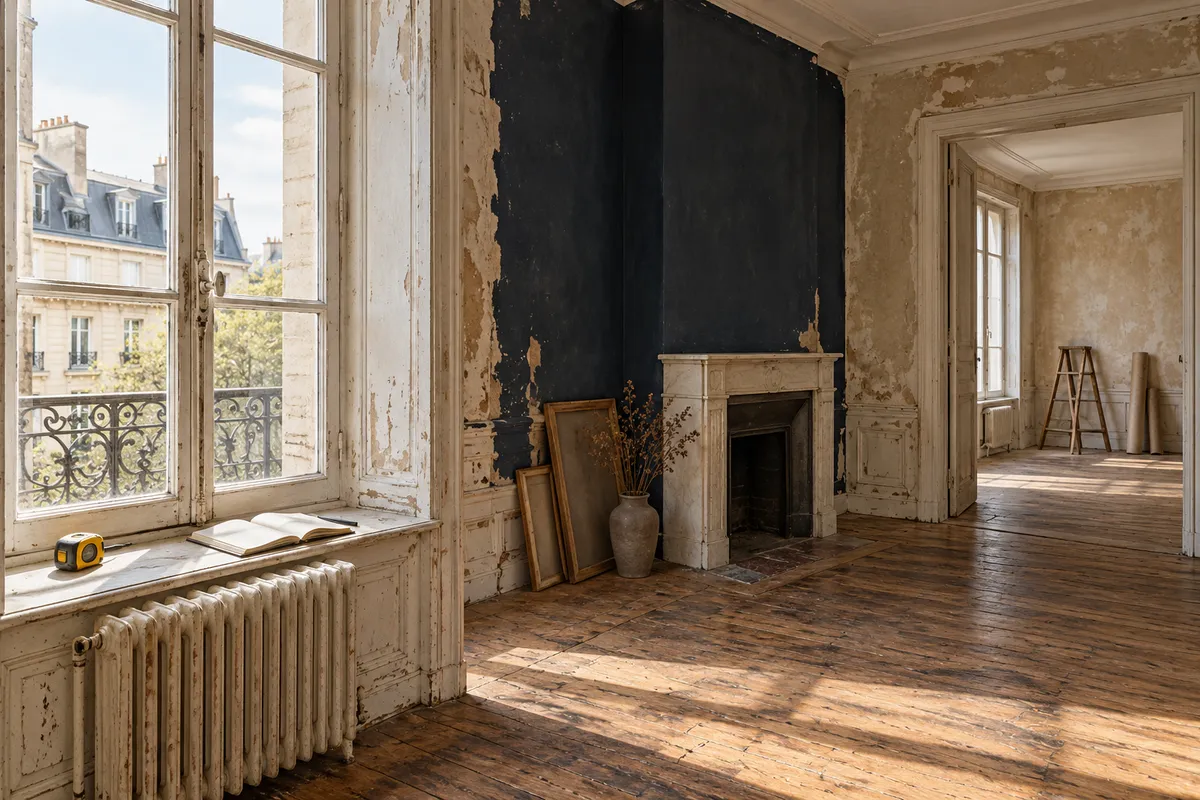Visite d’un appartement ancien avant travaux — illustration générée par IA