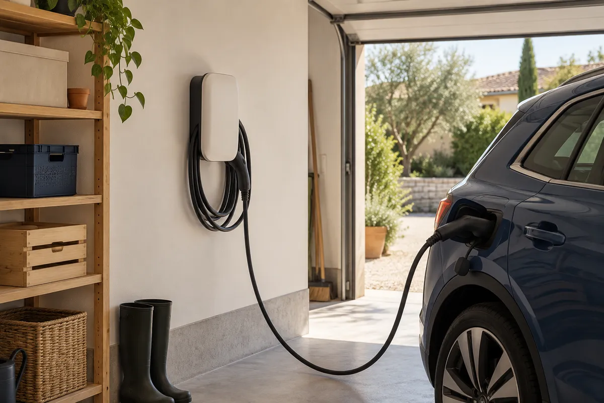 Borne de recharge murale dans un garage résidentiel — illustration générée par IA