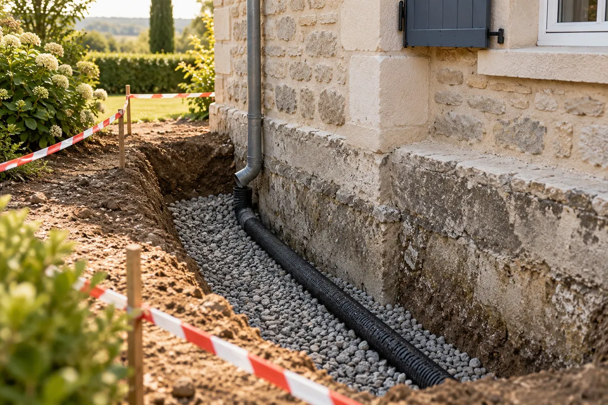 Observation d’un drainage près d’un soubassement — illustration générée par IA