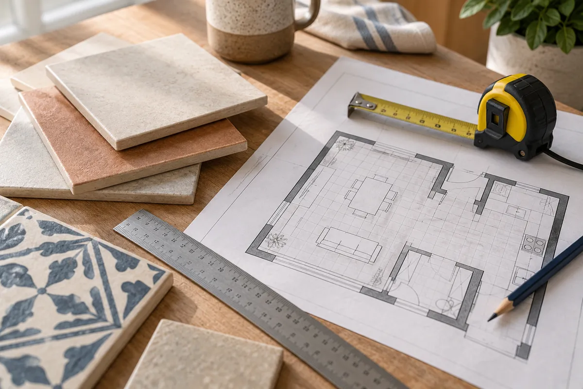 Plan, carreaux et instruments de mesure pour préparer un métré — illustration générée par IA