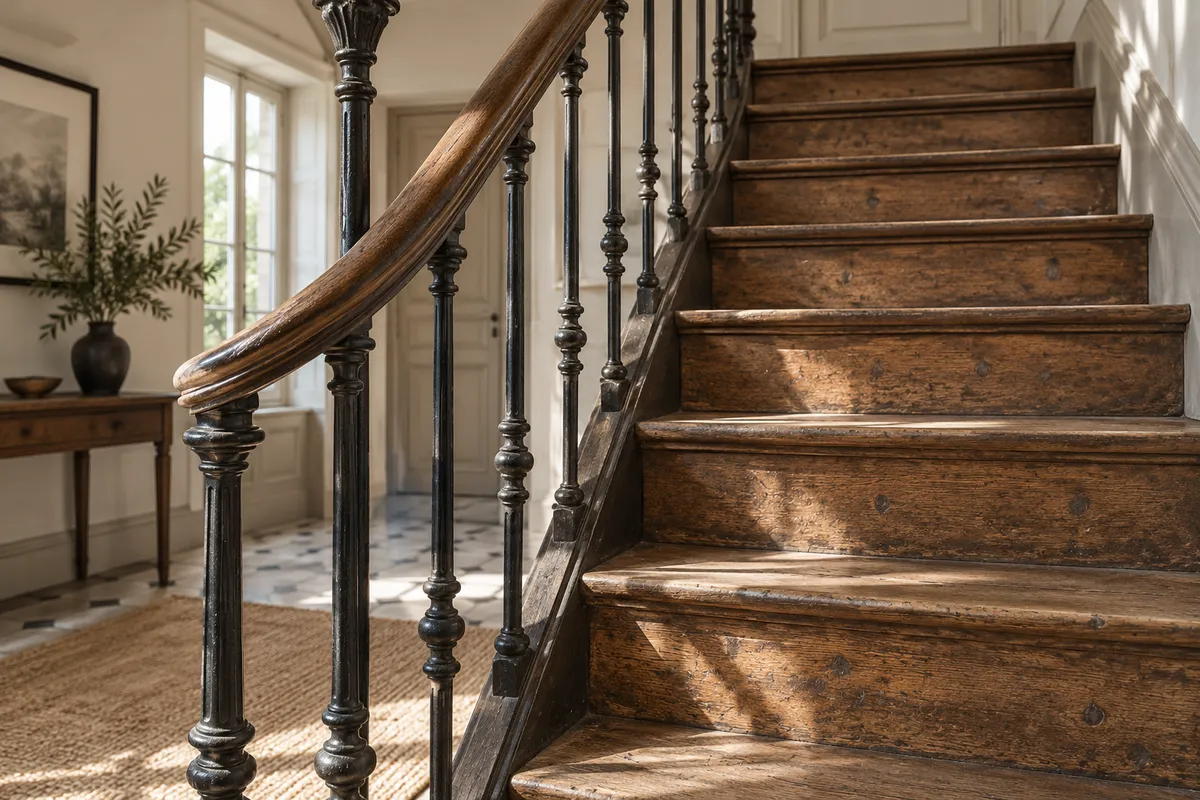 Escalier ancien et garde-corps avant rénovation — illustration générée par IA