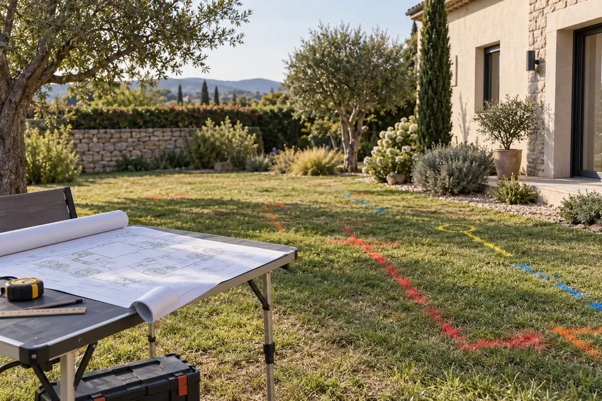 Marquages de réseaux dans un jardin avant terrassement — illustration générée par IA