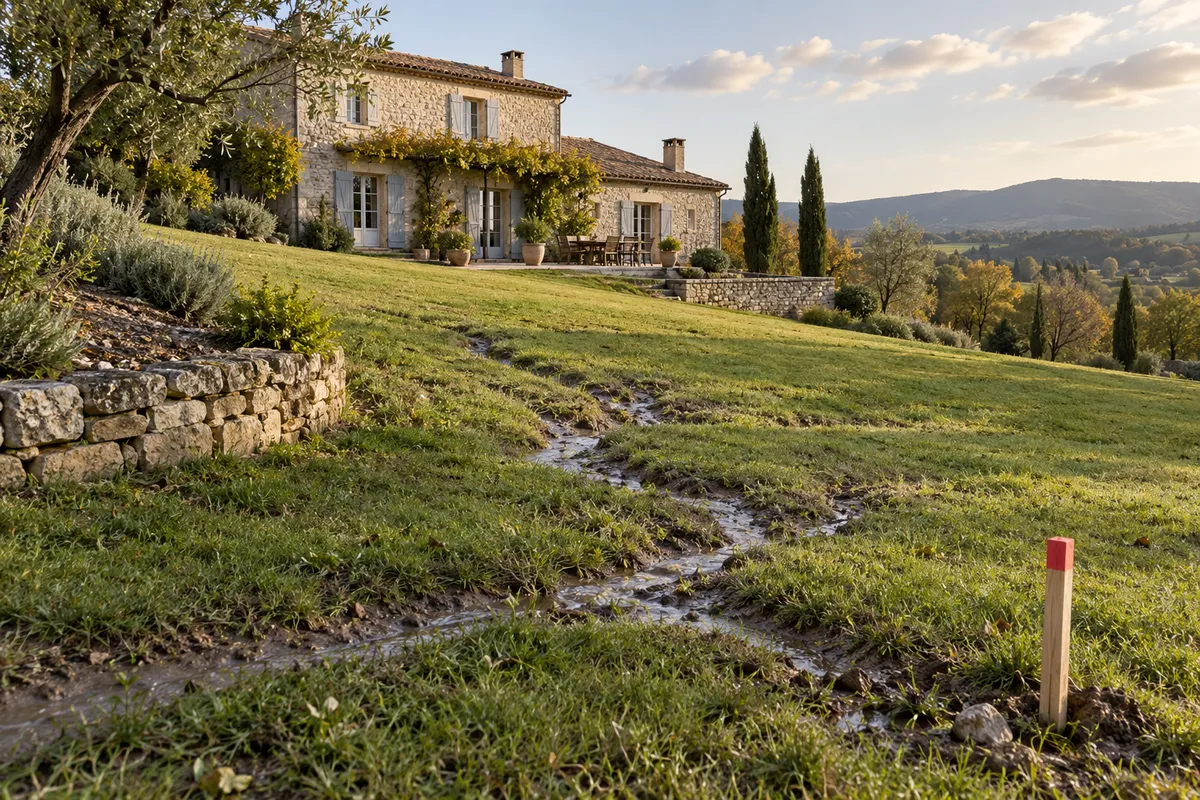 Terrain en pente et écoulements près d’une maison — illustration générée par IA