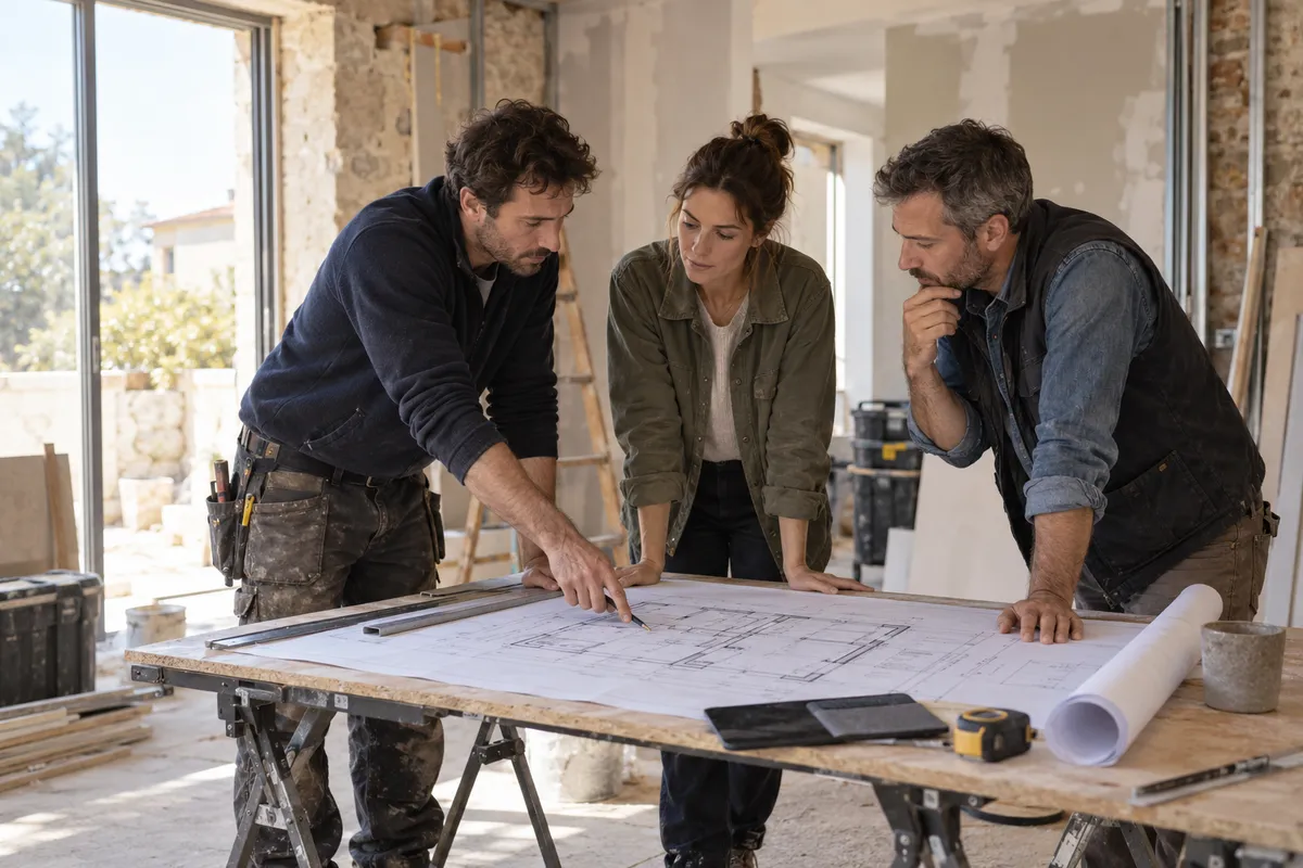 Réunion de coordination entre intervenants du chantier — illustration générée par IA