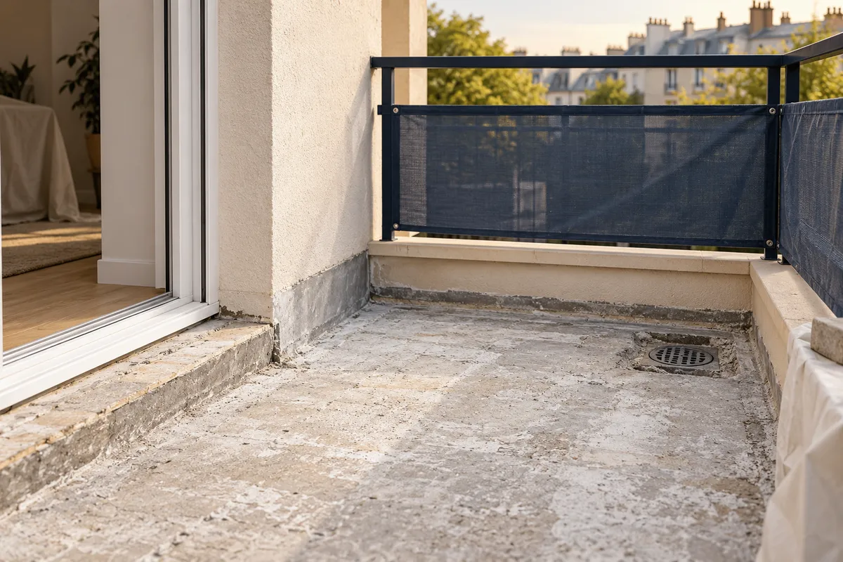 Seuil et sol d’un balcon avant remise en état — illustration générée par IA