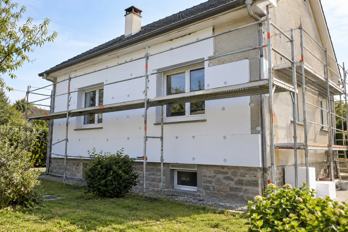 Maison avec façade partiellement isolée et échafaudage — illustration