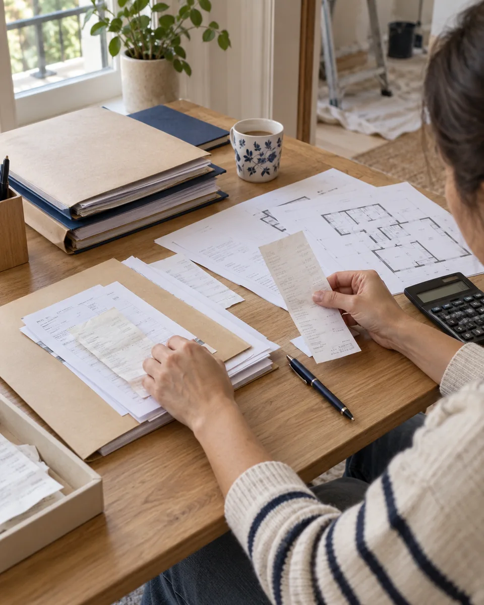 Personne rapprochant des reçus, des dossiers et un plan de rénovation sur un bureau — illustration créée par IA — illustration générée par IA