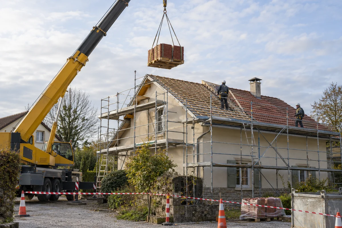 Grue levant une palette de tuiles au-dessus d’une toiture en chantier — illustration
