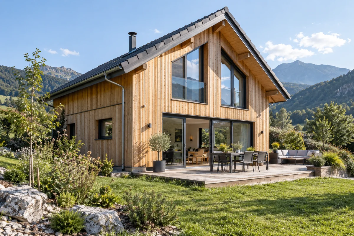 Maison contemporaine à bardage bois dans un paysage de moyenne montagne — illustration