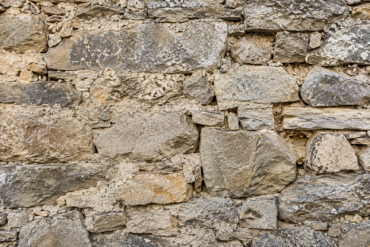 Pierres irrégulières et joints usés d’un mur ancien avant rénovation — illustration