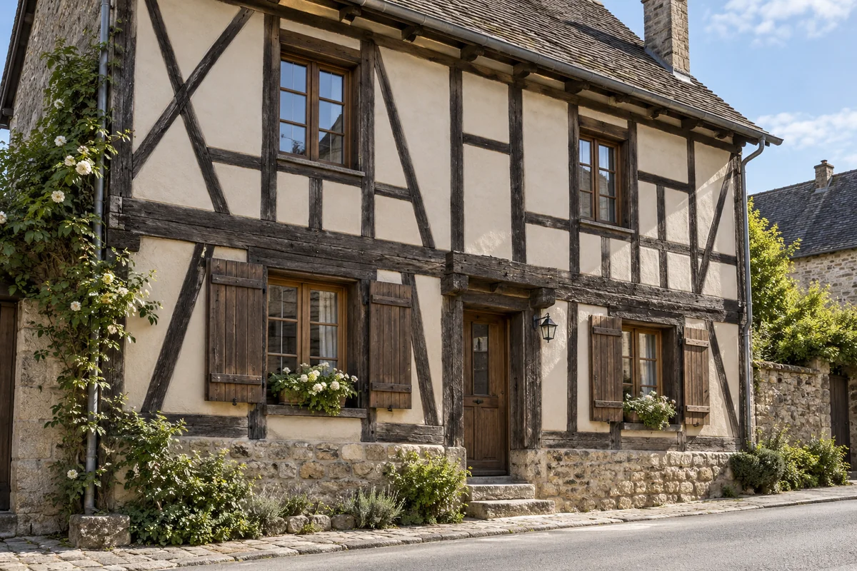 Façade de maison à pans de bois et remplissages enduits clairs — illustration