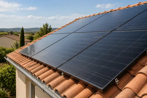 Vue rapprochée de panneaux photovoltaïques alignés sur un toit — illustration