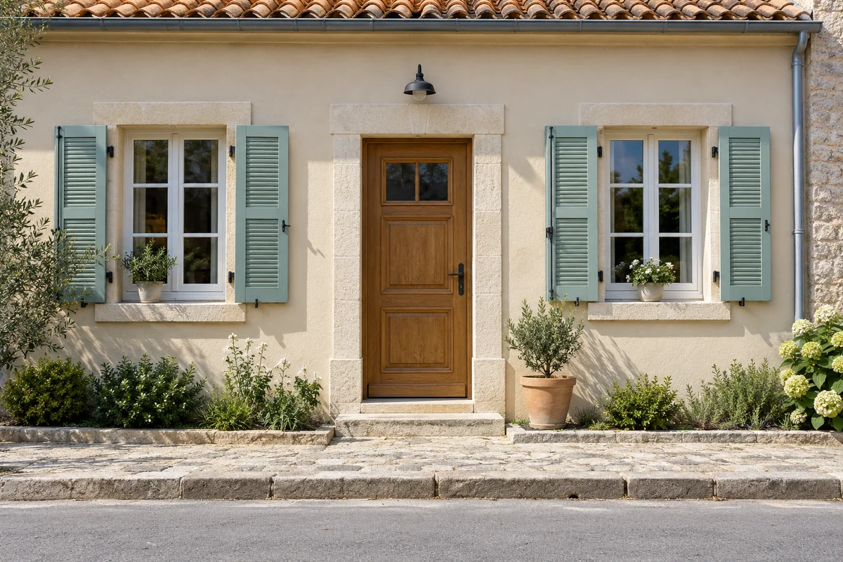 Façade enduite avec porte en bois, fenêtres et volets — illustration