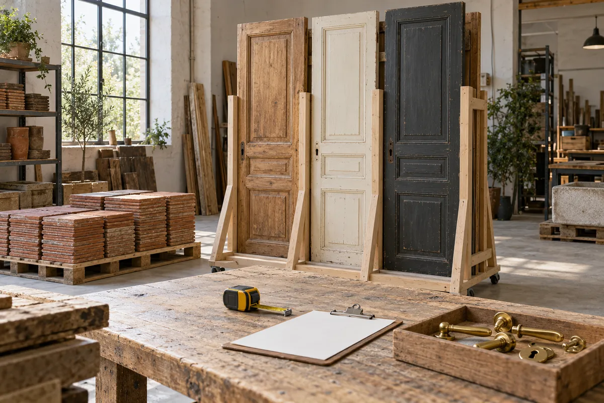 Portes en bois et carreaux récupérés triés dans un atelier — illustration générée par IA