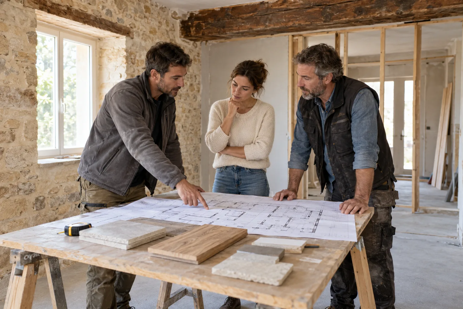 Scène fictive : propriétaire et professionnels discutant d’un plan dans une maison en rénovation