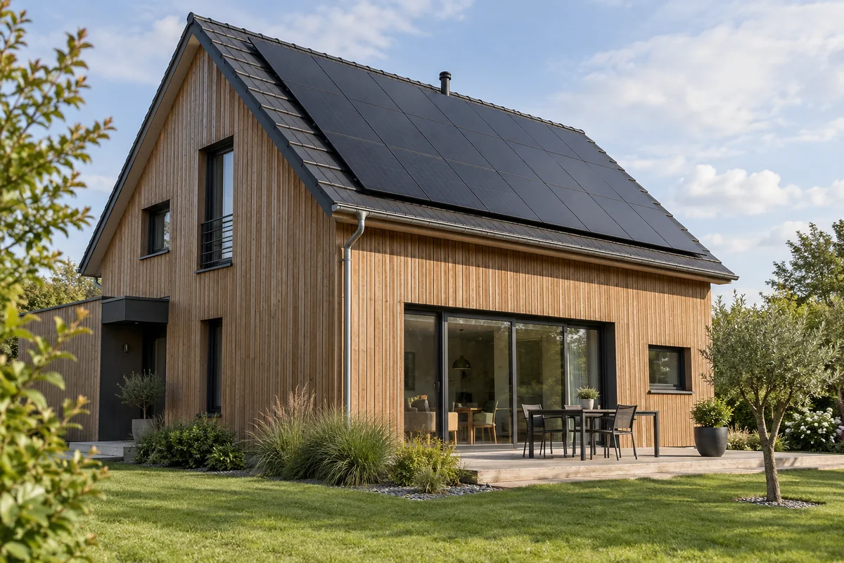 Maison à bardage bois équipée de panneaux photovoltaïques — illustration