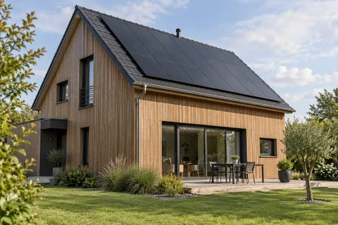 Maison à bardage bois équipée de panneaux photovoltaïques — illustration