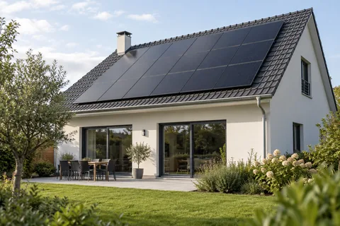 Maison avec modules photovoltaïques alignés sur un pan de toiture — illustration