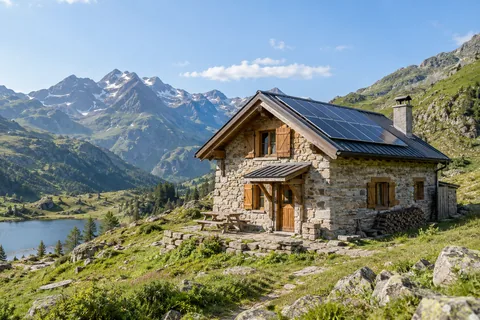 Refuge fictif en pierre et bois équipé de panneaux photovoltaïques — illustration