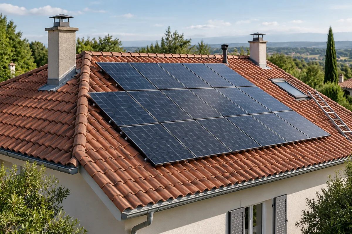 Vue générale d’une toiture en tuiles équipée de panneaux photovoltaïques — illustration