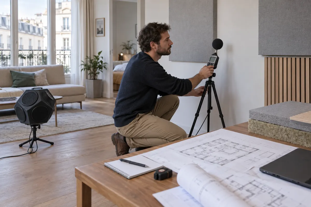 Acousticien mesurant la transmission sonore entre les pièces d’un appartement rénové