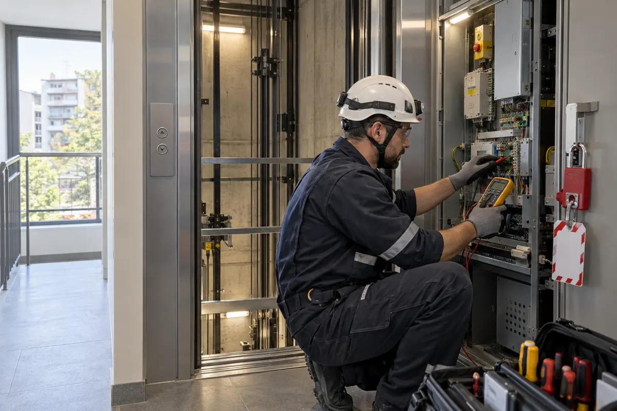 Ascensoriste contrôlant les commandes électriques et la porte palière d’un ascenseur