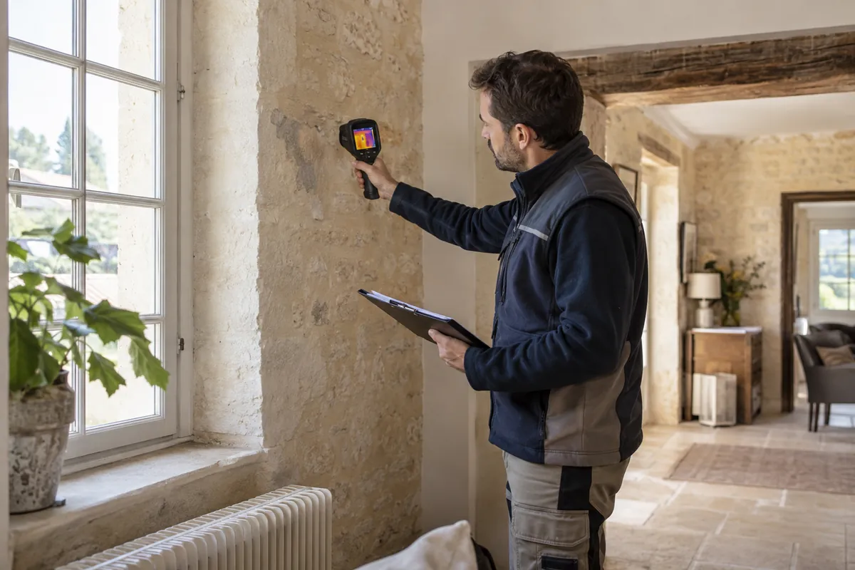 Diagnostiqueur immobilier contrôlant une paroi avec une caméra thermique dans une maison ancienne
