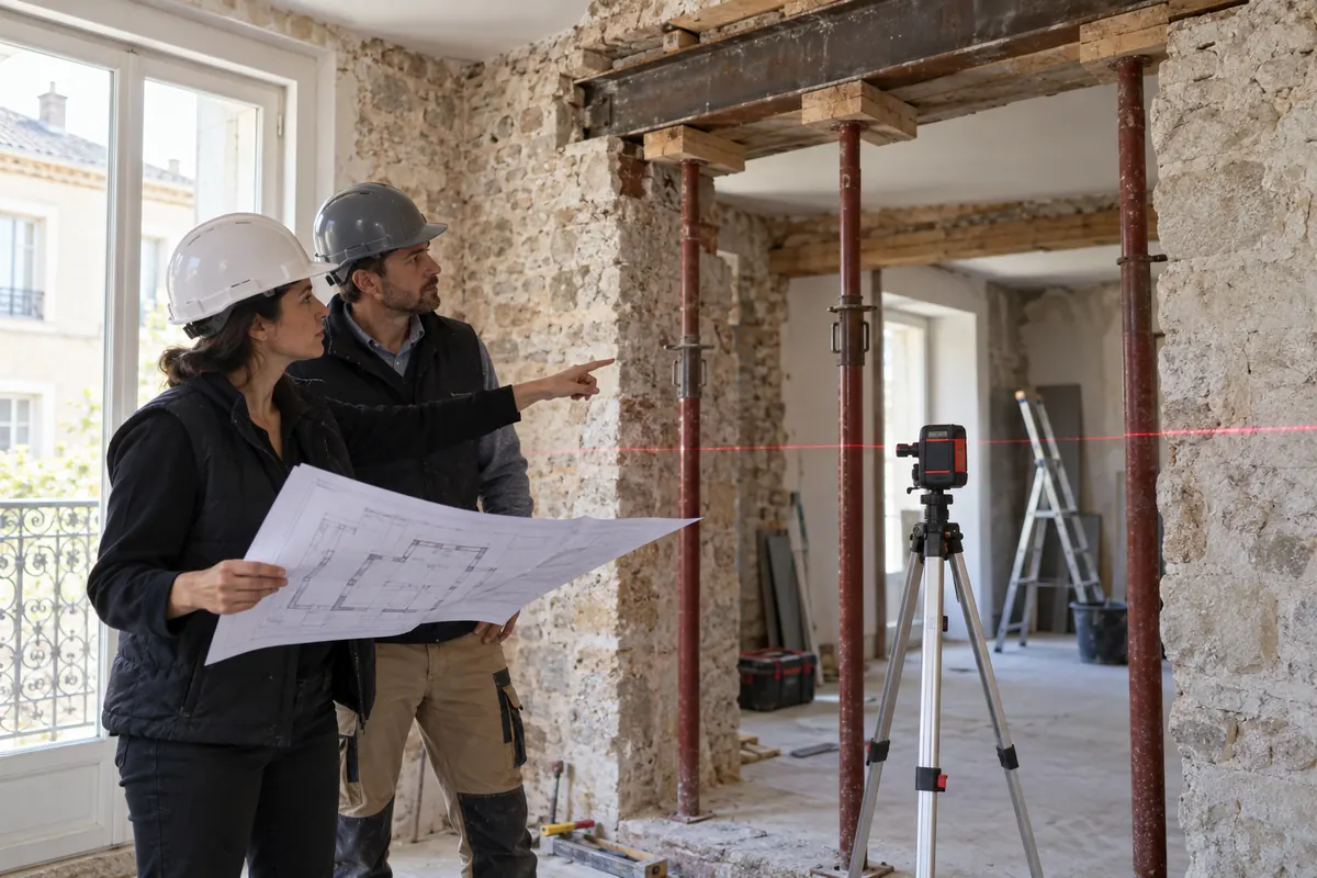 Ingénieur structure inspectant un mur porteur étayé avec un entrepreneur